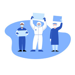 Professional doctors wearing covid-19 protection suits and uniforms posing with paper sheets. Medical workers protest. Virus outbreak concept