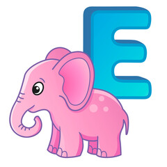 Vector bright illustrations alphabet with capital letters of the English and cute cartoon animals and things. Poster for kindergarten and preschool. Cards for learning English. Letter E. Elephant