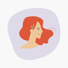 Redhead girl profile vector illustration. Cute womans face for avatar, icon, user picture. Hairstyle for young lady. Summertime or spring spirit. Attractive female portrait. Wind blows her hair.