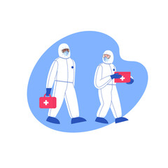 Professional doctor wearing covid-19 protection suit checking walking with first aid kit. Virus outbreak concept