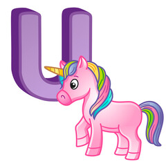 Vector bright illustrations alphabet with capital letters of the English and cute cartoon animals and things. Poster for kindergarten and preschool. Cards for learning English. Letter U. Unicorn