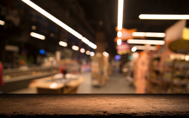 Empty wood table top on blurred market fruit. can montage or display your products