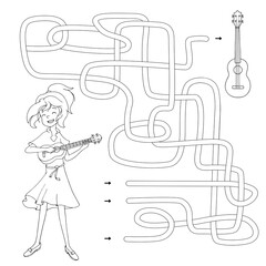 Labyrinth. Maze game for kids. Help cute cartoon girl find path to her ukulele. White and black vector illustration for coloring book.