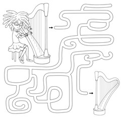 Labyrinth. Maze game for kids. Help cute cartoon Afro-American girl find path to her harp. White and black vector illustration for coloring book.