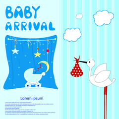 Baby arrival card - Baby shower invitation card with cute stork. Vector illustration