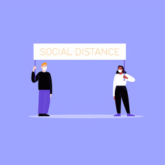 Two activists wearing face masks protesting with a blank cardboard. A man and a woman on a working strike holding protest banner. Pandemic protest concept. Flat vector illustration