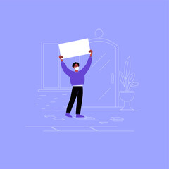 Black man wearing face masks protesting with blank cardboards. Male activist standing on the street holding protest poster. Pandemic protest concept. Flat vector illustration