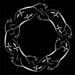 Prehistoric styalised horse art circular wreath in white on black background.