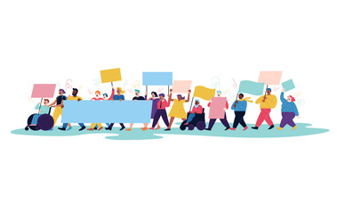 Flat illustration of a protest march. Different people walking together holding banners and posters