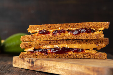 Double sandwich with peanut butter and berry jam