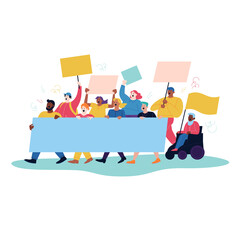 Flat illustration of a protest march. Different people walking together holding banners and posters