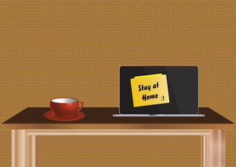 Stay at home text under Vector Laptop Screen card Coronavirus protection campaign prevention concept Self isolation appeal banner Vector Illustration. Covid-19 Coronavirus-Pandemic Holidays