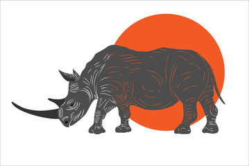 Vector realistic rhino stands on the background of the sun. African animals.