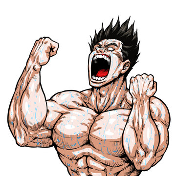 Guts, fake hair, flirtation, screaming, screaming, gag, cartoon, muscle, bodybuilding, macho, pose, front view, white background