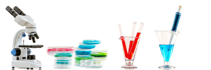 panoramic image of Microscope, on white background symol of research, laboratory, medicine and science