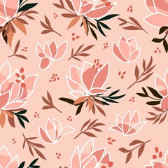 Botanic Vector Seamless Pattern Magnolia Flowers with leaves. Spring ornament. Greeting or invitation card. Save the date. Wedding invite. Background design romantic vintage. Birthday card