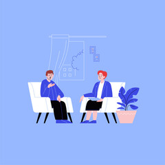A man attending a therapy session with a female mental specialist. Personal psychotherapy session. Conversation with a psychologist in the therapist office
