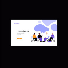 A group of different people attending a therapy session with a mental specialist. Group psychotherapy session. Conversation with a psychologist. Website main page template
