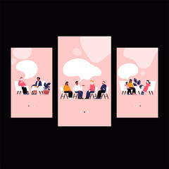 Different people attending a therapy session with mental specialists. Personal group and family psychotherapy session. Conversation with a psychologist. Website app slider illustrations