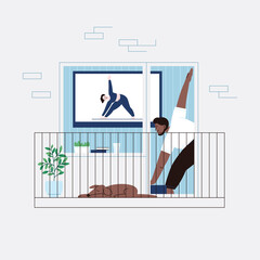 Flat illustration of a man with a beard staying home for the quarantine practicing yoga with a video lesson. Facade of an apartment house balcony door.