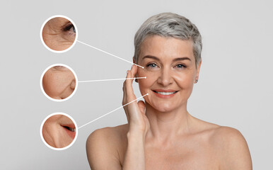 Aged Skin Care. Collage of beautiful mature woman with zoomed wrinkles zones - obrazy, fototapety, plakaty