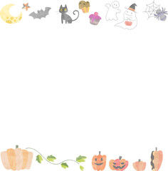 水彩風のかわいいハロウィーンのフレーム(白バック)