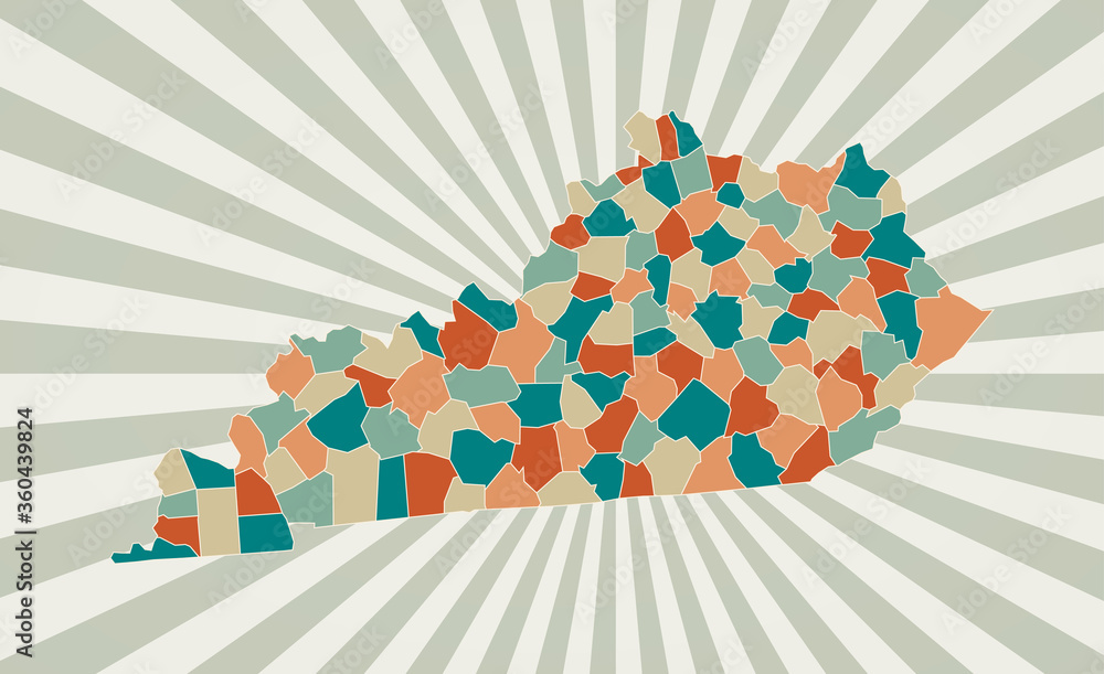 Poster kentucky map. poster with map of the us state in retro color palette. shape of kentucky with sunburs