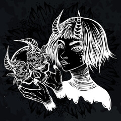Vector illustration. Demon. Girl with horns. Skull in her hands. Magic. Handmade, background chalkboard, prints on T-shirts