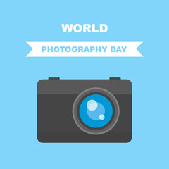 World photography day with the camera. Cartoon illustration.