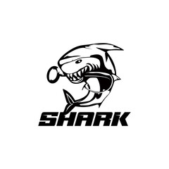 Toothy great white shark fishing logo. Strong shark sports mascot emblem. Angry fish vector background.