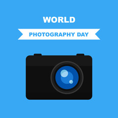 World photography day with the camera. Cartoon illustration.