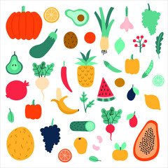 illustration set of difference species of vegetables and fruits. Flat cartoon of variation plant base food. Vegetarian ingredients fresh from farm and ready to eat.