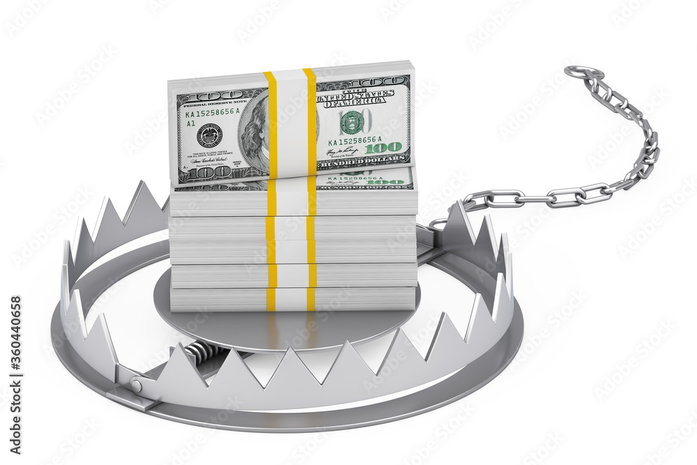 Poster metal bear trap with stack of dollar bills. 3d rendering