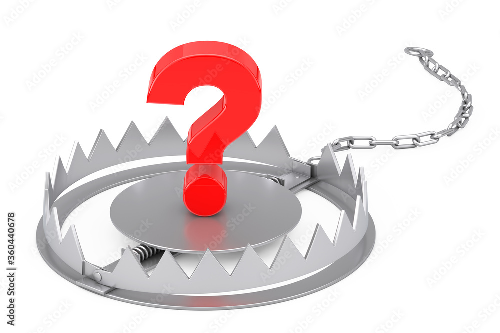 Poster metal bear trap with red question mark. 3d rendering