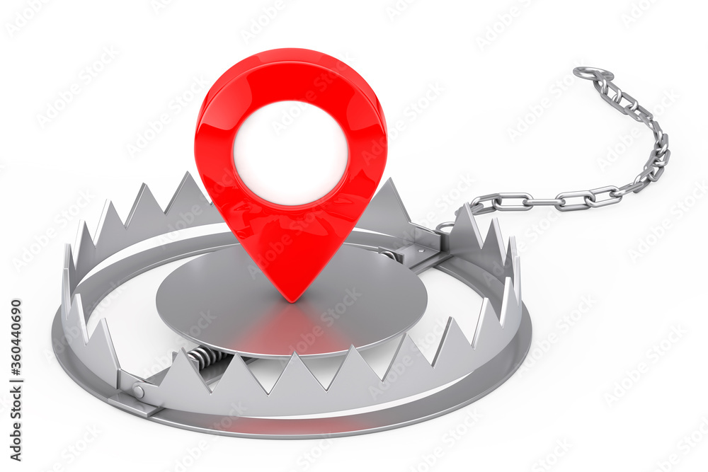 Aufkleber Metal Bear Trap with Red Map Pointer Target Pin. 3d Rendering