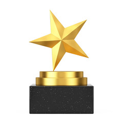 Winner Award Cube Gold Podium, Stage or Pedestal with Golden Award Star. 3d Rendering