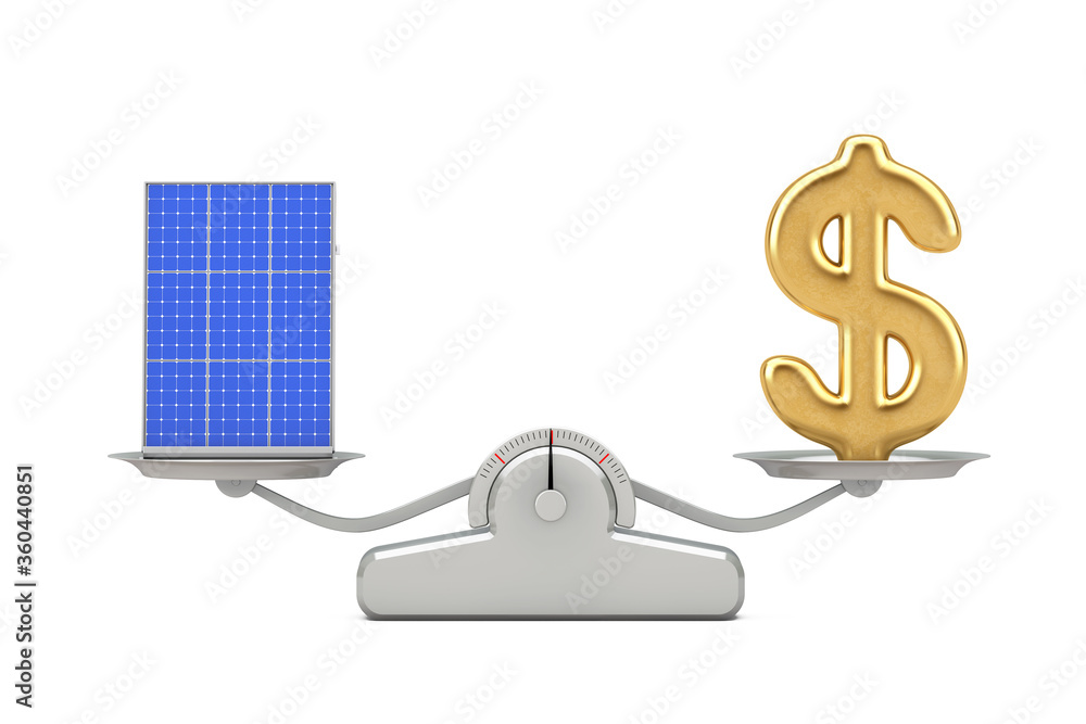 Poster golden dollar sign with photovoltaic solar panel balancing on a simple weighting scale. 3d rendering
