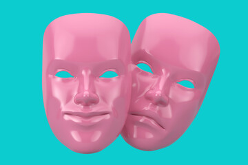 Pink  Smiling Comedy and Sad Drama Grotesque Theatre Mask in Duotone Style. 3d Rendering