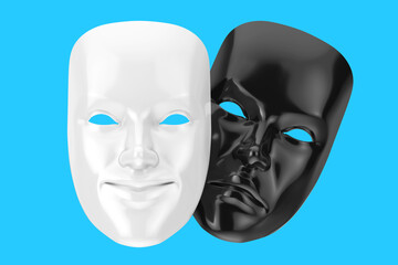 White Smiling Comedy and Black Sad Drama Grotesque Theatre Mask. 3d Rendering