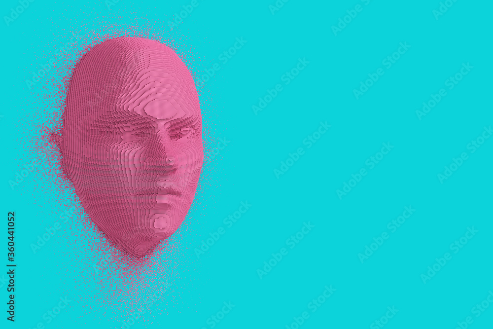 Poster abstract pink cubes human head and face in duotone style. 3d rendering