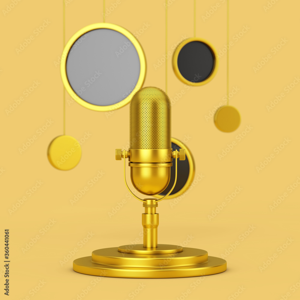 Poster golden retro microphone on a golden pedestal with hanging abstract circles. 3d rendering