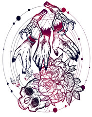 Vector illustration.bones, skull, bouquet of peonies, hands with eyes, mysticism. prints on T-shirts,tattoo. background white, purple pink color