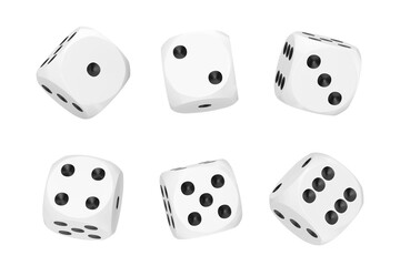 Casino Gambling Concept. Set of White Game Dice Cubes in Differetn Positions. 3d Rendering