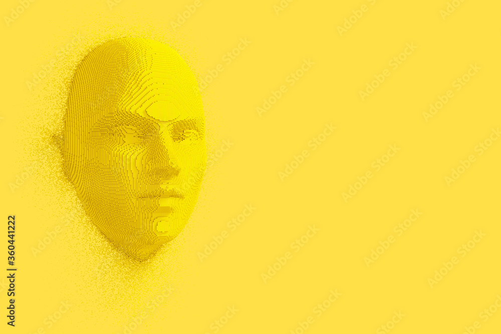 Poster abstract yellow cubes human head and face in duotone style. 3d rendering