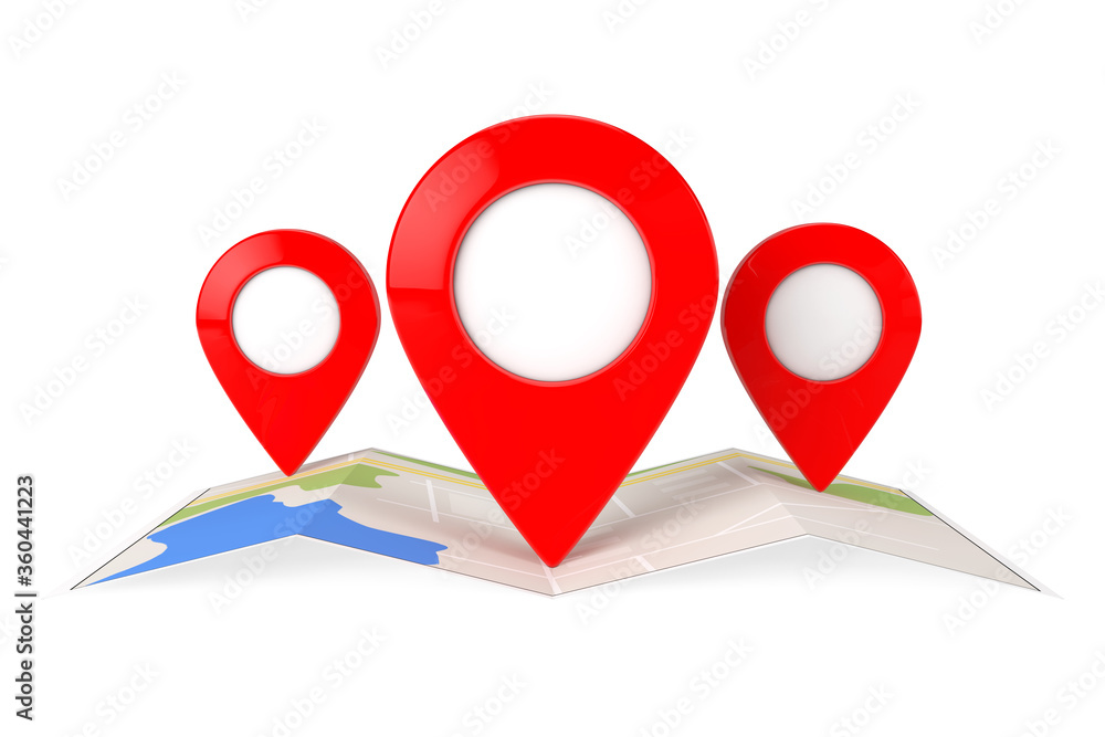 Poster folded abstract navigation map with three target map pointer pins. 3d rendering