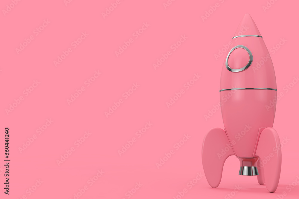 Poster pink childs toy rocket in duotone style. 3d rendering