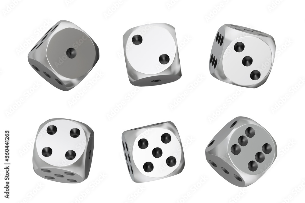 Poster casino gambling concept. set of silver game dice cubes in differetn positions. 3d rendering