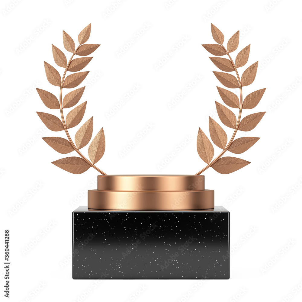 Aufkleber empty winner award cube bronze laurel wreath podium, stage or pedestal with free space for your desi