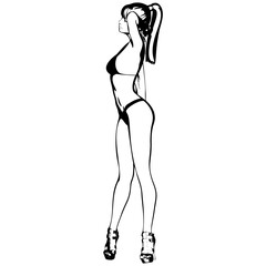 Sexy young girl in a bikini and high-heeled shoes. Woman with beautiful long legs. Isolated vector.