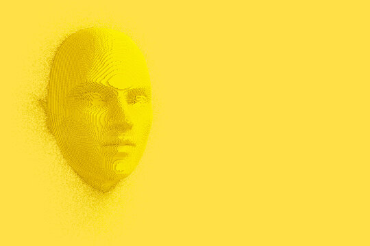 Abstract Yellow Cubes Human Head And Face In Duotone Style. 3d Rendering